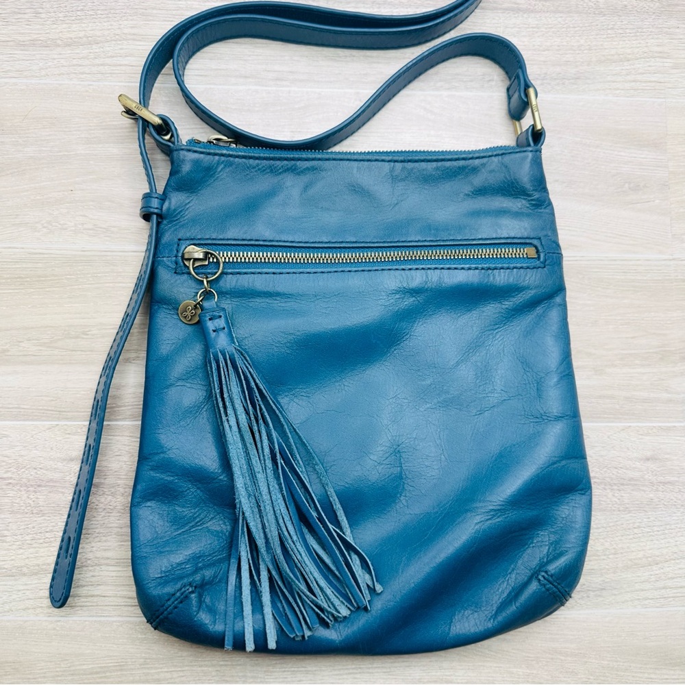 HOBO Cambel Blue Leather Crossbody Bag With Tassel Logo Charm